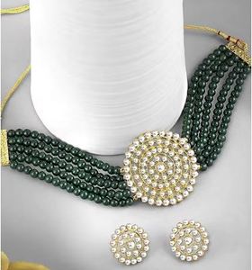 Parure de bijoux plaquée or en alliage de zinc avec perles vertes et motif floral en cristal, certifiée par un tiers, pour femme - Product Image 1