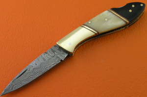 Back Lock Customized Damascus Steel Blade Straight Pocket <b>Knife</b> camel <b>bone</b> bull horn <b>Handle</b> Leather Sheath Outdoor - Product Image 2
