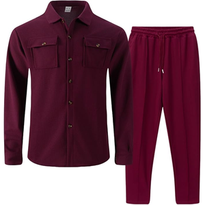 Chemise à manches longues en tissu gaufré bordeaux pour homme avec poches poitrine, col rabattu, tenue décontractée pour l'automne - Product Image 3