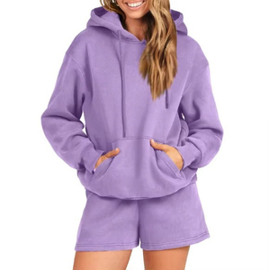Conjunto de Sudadera con Capucha Gris para Mujer, Manga Larga, Color Sólido, Pantalones Cortos de Algodón Tejido, Traje Informal para Primavera/Verano - Product Image 2
