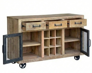 Gabinete moderno de madera maciza de mango estilo industrial rústico con ruedas de hierro y 3 cajones - Product Image 4