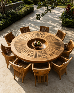 High End Sunburst Design Teak Wood <b>Round</b> <b>Table</b> Set <b>Patio</b> Gathering Furniture - Product Image 1
