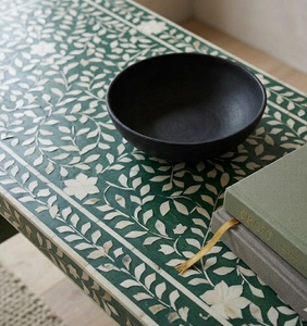 Mesa Consola Moderna de Madera Maciza con Incrustaciones de Hueso y Patrón Floral Verde para Sala de Estar, Entrada, Muebles para el Hogar - Product Image 4