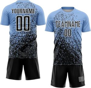 เสื้อฟุตบอลสีน้ำเงินไล่เฉดดำแบบสั่งทำพิเศษ พิมพ์ลายแบบ Sublimation พร้อมชื่อทีมและหมายเลข 00 ผ้าโพลีเอสเตอร์ซับเหงื่อ ชุดฟุตบอลสำหรับทุกเพศ - Product Image 1