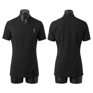 Uniforme de salon et spa noir en polyester et élasthanne 220 GSM de qualité supérieure, avec panneaux latéraux texturés, fermeture éclair, impression de logo et broderie - Product Image 1