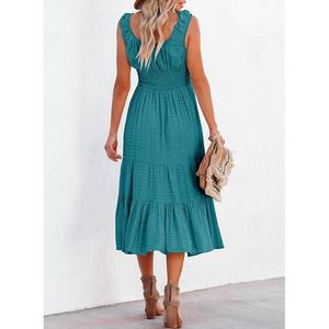 Abito estivo casual XL senza maniche, smock, midi, a vita alta, fluido, a trapezio, blu lago, con tasche - Product Image 4