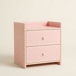 Light Pink Bone Inlay Bedside Table 2 Drawer Geometric <b>Trellis</b> Pattern Handmade Indian Luxury Nightstand Furniture - Product Image 1