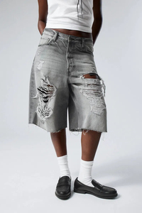 Men's High Waist Ripped Denim Bermuda Shorts Street Style Cotton Washed Fit Black Button Fly - Product Image 4
