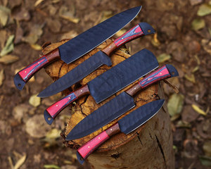 Nouvel article : Ensemble de 5 couteaux de chef de luxe ambidextres, faits main, en acier J2, avec lame martelée et revêtement en poudre - Product Image 4