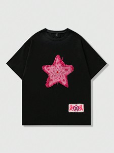Camiseta Oversize de Algodón Negro Pesado para Hombre con Parche de Estrella Rosa Desgastada, Tejido Texturizado, Estilo Hip Hop Streetwear - Product Image 5