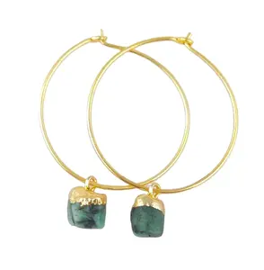 Raw Emerald Hoop Earrings Birthstone Sterling Silver Gold Vermeil Hoop Earring Dainty Tiny Gemstone Handmade Silver Hoop Earring