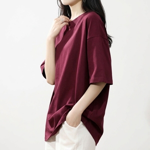 Camiseta de Punto de Manga Corta para Mujer, Cuello Redondo, Color Sólido, Corte Holgado, Transpirable, de Algodón, Informal, para Primavera y Verano - Product Image 1