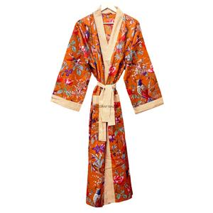 Kimono Largo Estilo Textil Indio, Suave y Transpirable, de Algodón, Cuello en V, Casual, Manga Tres Cuartos, Estampado Animal/Floral, para Mujer - Product Image 4