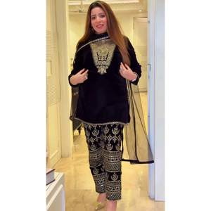 FANTAISIE VISCOSE VELOURS BRODERIE SEQUENCE TRAVAIL TOP BAS AVEC DUPATTA NOIR - Product Image 1