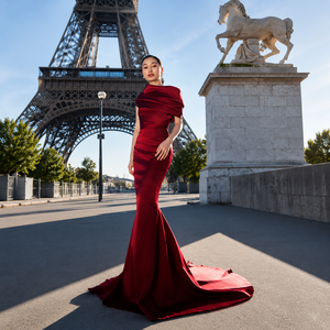 Robe de soirée sirène en satin rouge rubis de luxe pour femme, élégante, à épaules dénudées, robe de créateur pour fête, réception de mariage, tenue de cérémonie - Product Image 5
