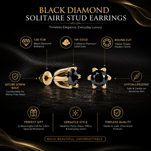Boucles d'oreilles solitaires de luxe en diamant noir 1,00 TCW, or 14 carats |   Bijoux fins pour femmes, coupe ronde élégante, cadeau pour les occasions spéciales - Product Image 6