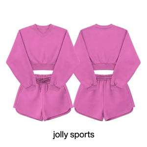 Ensemble sweat-shirt et short en molleton de coton de haute qualité à épaules tombantes avec impression en relief personnalisée pour femme - Product Image 1