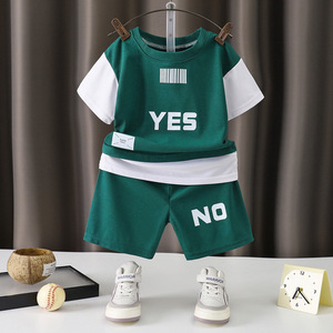 Cool Whales <strong>Boys'</strong> Girls' Summer Suit Home Clothes Breathable Comfortable Two-piece Colorblock Cartoon Letters Western-style - Product Image 4