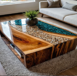 Une table rectangulaire épaisse en bois, ornée d'un fleuve de pierres à double texture et de résine bleue, est disponible au prix de gros. - Product Image 1