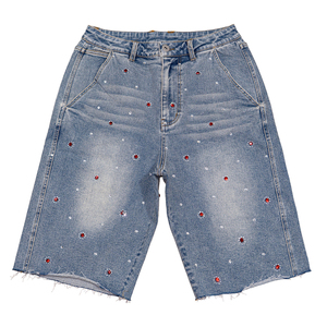 Shorts en jean tissé sur mesure pour homme de haute qualité, style vintage, effet vieilli, délavé clair, coupe droite, respirant, avec boutons en cristal - Product Image 1