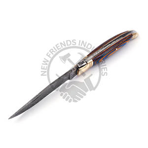 Couteau pliant haut de gamme en acier Damas avec étui en cuir, couteau de chasse Laguiole avec poignée en bois orange et bleu et bolster en laiton - Product Image 4