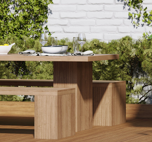 Ensemble de table à manger d'extérieur en teck massif moderne avec banc, finition naturelle, meubles de jardin pour villa, resort, café - Product Image 2