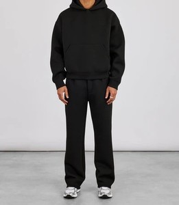 Unisex Black Two-Piece Hooded <b>Sweatshirt</b> Set Full Sleeve Loose Fit Cotton Fleece Casual All Seasons Solid Color Knitted Long - Product Image 2