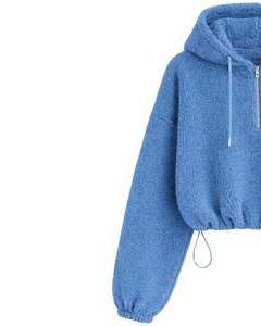 Sweat à capuche court en polaire texturée bleu ciel, quart de zip, ourlet ajustable avec cordon, streetwear décontracté, pull chaud pour homme, logo personnalisé - Product Image 2