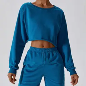 Ensemble de hauts courts à manches longues pour femmes, tricotés en spandex et polyester, col rond, couleur unie, respirant, à porter toute l'année - Product Image 5