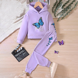 Survêtement pour filles à imprimé papillon violet, manches longues, col rond, coupe ample, décontracté, avec taille élastique et design décoratif sur le côté - Product Image 2