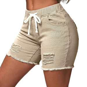 Womens Casual Beige Denim Shorts <b>Elastic</b> Mid <b>Waist</b> Skinny Fit Drawstring Ripped Distressed Raw Hem Streetwear Fashion <b>Jeans</b> - Product Image 3