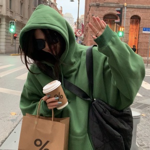 Women's Oversized Crew Neck Sweatshirt With Green Letter Print <b>Back</b> <b>Drop</b>-Shoulder Full Sleeve Knitted Autumn Style - Product Image 1