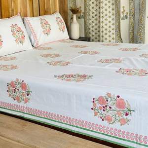 Juego de Sábanas con Estampado Artesanal Sanganeri de la India, Sábanas con Funda de Almohada - Product Image 5