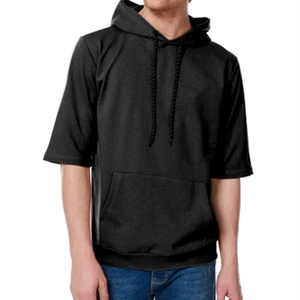 <b>Men's</b> Gray Hooded <b>Short</b> <b>Sleeve</b> Sweatshirt Regular Fit Fleece Pocket Casual Autumn Wear - Product Image 6