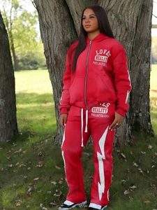 Conjunto Deportivo Rojo con Capucha para Mujer, Cierre Completo, Talla Grande, Pantalones Deportivos Casuales de Algodón con Estampado de Letras y Bolsillos Delanteros, Ropa de Otoño 2026 - Product Image 1
