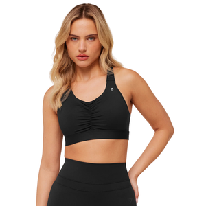 Sujetador Deportivo con Logotipo Personalizado para Mujer, con Frente Fruncido, Nailon y Elastano, Secado Rápido, Top de Yoga Acolchado, Ropa Deportiva para Gimnasio, Color Negro Sólido - Product Image 1