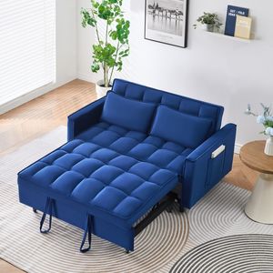 Divano Letto Elegante in Velluto Blu da 55 Pollici, Pratico con Tasche, Interpretazione Intelligente dell'Arte del Divano Tre-in-Uno - Product Image 1