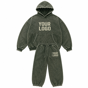 Ensemble de survêtement unisexe vert délavé à capuche, pantalon de jogging à manches longues avec poches latérales, tenue décontractée pour l'automne - Product Image 1