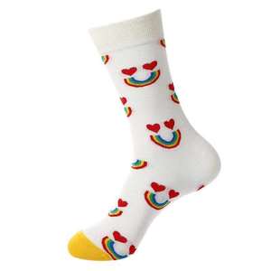 Kivotech Crew <b>Socks</b> Men White Rainbow Heart Pattern Knitted Cotton Breathable Summer Daily Wear Regular Style - Product Image 1