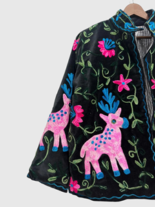 Veste en velours rose brodée à la main avec motif cerf, manches longues, col mandarin, grande taille, vêtements d'automne pour femmes - Product Image 3