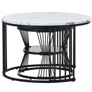 Ensemble de tables basses rondes modernes avec plateau en contreplaqué, structure en métal noir, tables d'appoint gigognes pour salon, maison et hôtel - Product Image 2