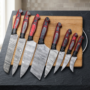 Ensemble de 8 couteaux de cuisine en acier damas faits à la main, couteaux de chef professionnels avec manche en bois rouge, ensemble de couverts de cuisine haut de gamme OEM ODM - Product Image 1