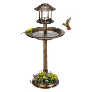 Bain d'oiseaux rond en bronze éclairé par l'énergie solaire 51*51*106cm, en plastique, pour jardin, bain d'oiseaux ornemental avec lumière solaire - Product Image 1