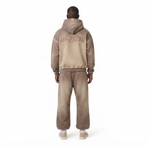 Conjunto de Sudadera con Capucha y Pantalones Anchos de Felpa Marrón Lavado para Hombre, Estilo Urbano, Venta al por Mayor OEM - Product Image 2