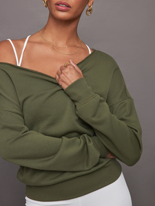 Sudadera Oversize Verde Oliva para Mujer, de Hombros Descubiertos, Manga Larga, Color Sólido, Corte Holgado, Informal, para Otoño e Invierno - Product Image 5