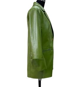 Blouson de moto homme en cuir PU vert, col mandarin, simple boutonnage, manches classiques, formel, automne, logo avant ajustable - Product Image 2