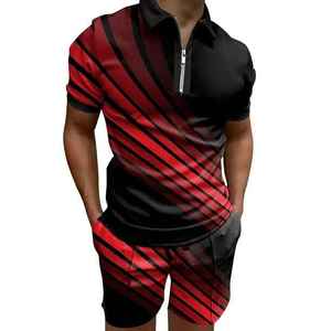Ensemble polo et short pour homme, rayé rouge et noir, col zippé, décontracté, été, séchage rapide, polyester et élasthanne, tricoté - Product Image 1