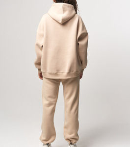Ensemble de survêtement beige à capuche pour femme, manches longues, couleur unie, tenue décontractée avec cordon de serrage, poches latérales, coupe ample, style automne - Product Image 5