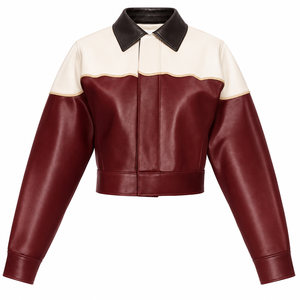 Women's Color Block PU Leather Bomber <b>Jacket</b> Full <b>Sleeve</b> Turn-down Collar Zipper Closure <b>Short</b> Length Autumn Style - Product Image 3