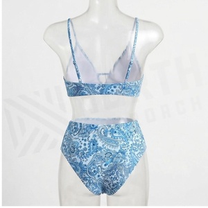 Women's Blue Paisley Print 2 Piece <b>Bikini</b> <b>Set</b> Deep V Neck Triangle Top High Waist Bottoms Stretch Swimwear - Product Image 2